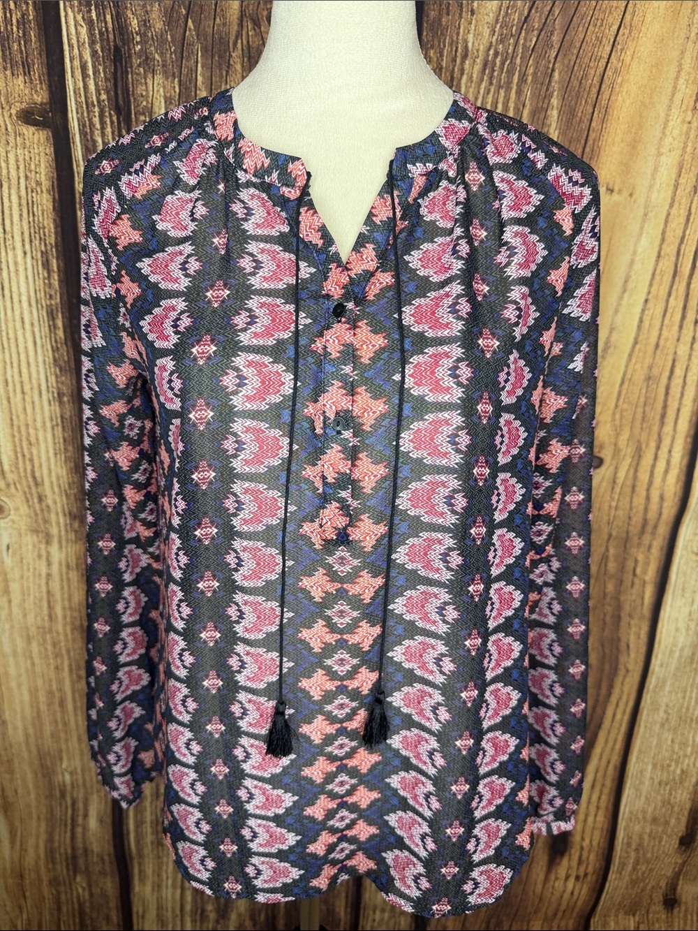 Violet & Claire Pink and Navy Tassel-Front Printed Peasant Top
